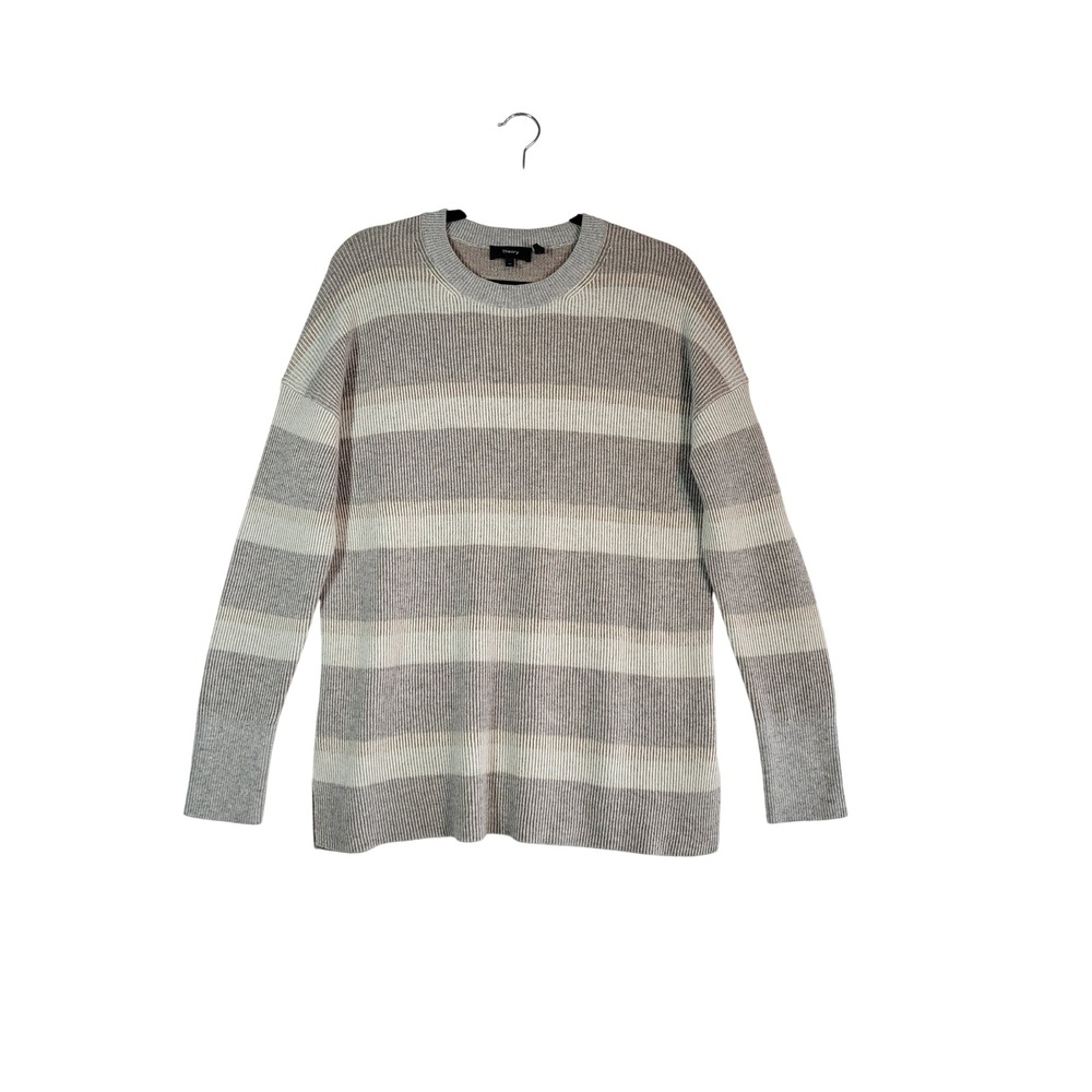 Theory Karenia Rib Soft Cashmere Sweater Womens M Beige Grey Striped Minimalist
